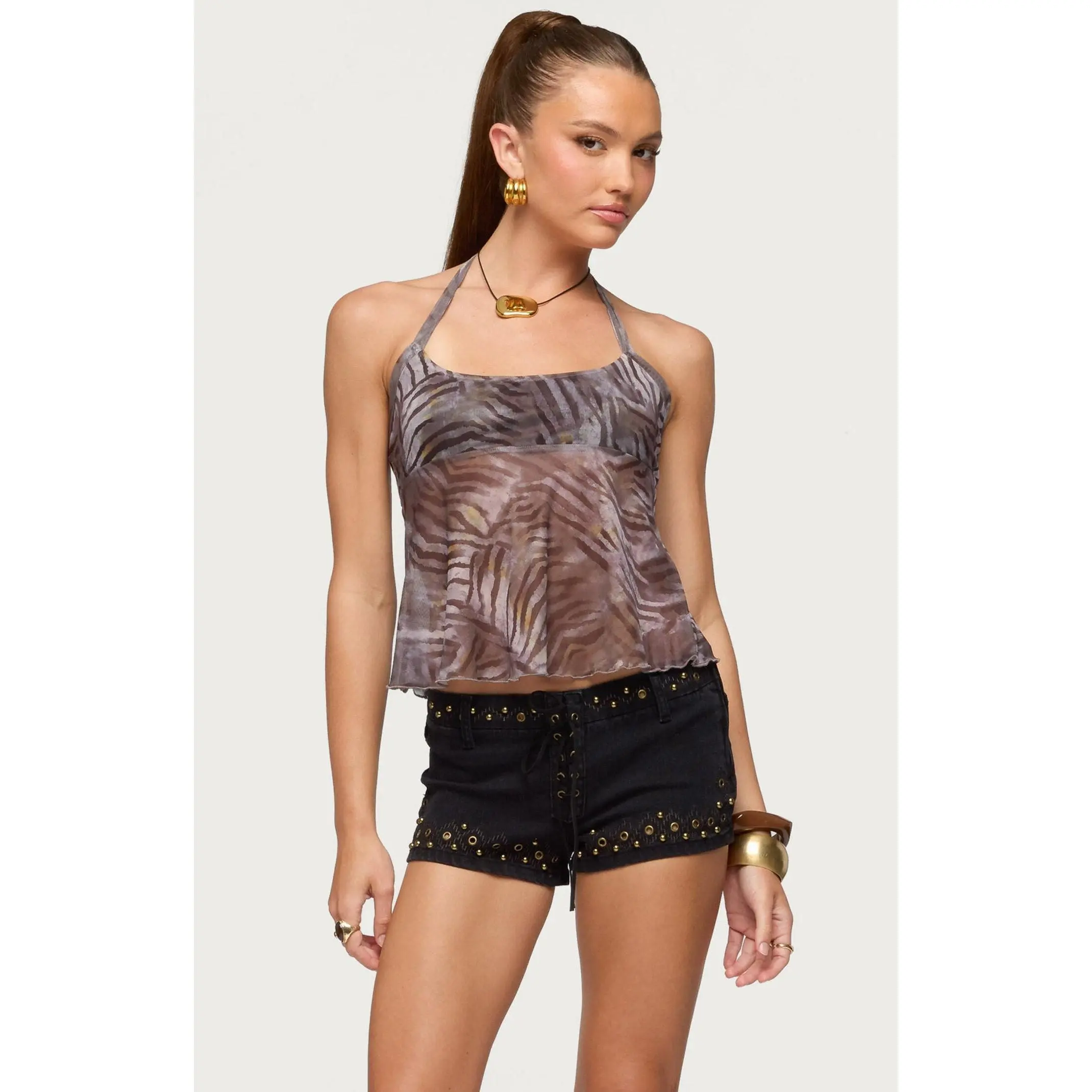 Edikted Women's Tiger Print Mesh Babydoll Top