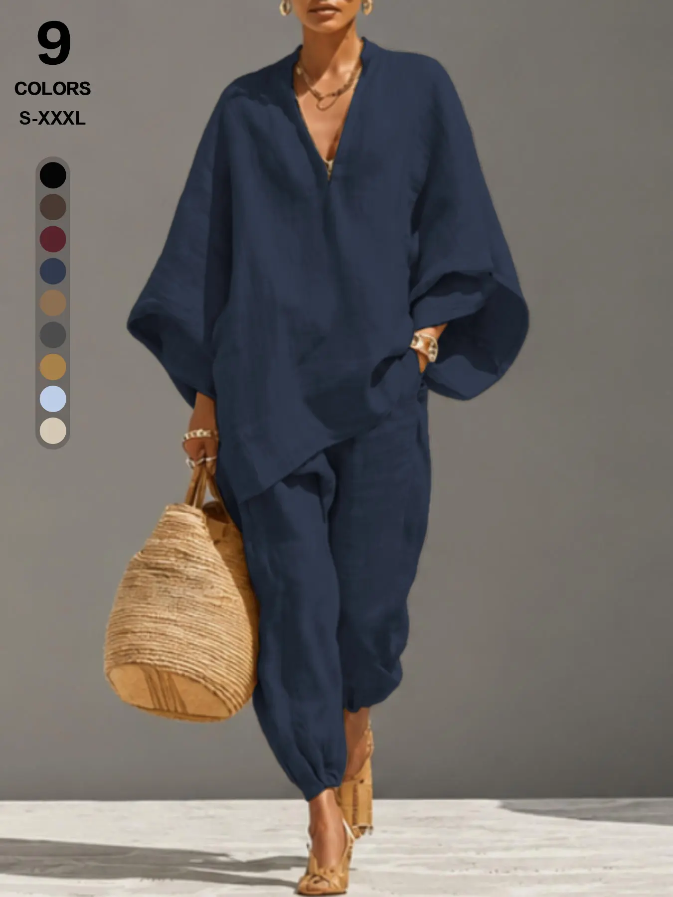 Women's Loungewear Set, 2-Piece Basic Cotton Linen Outfit with Drapey Batwing Long Sleeve Tunic & Harem Pants, Beach Resort Wear, Vibe, Asymmetrical, Long Sleeves, 2 Piece Sets, Plussize, Two Piece Sets Women