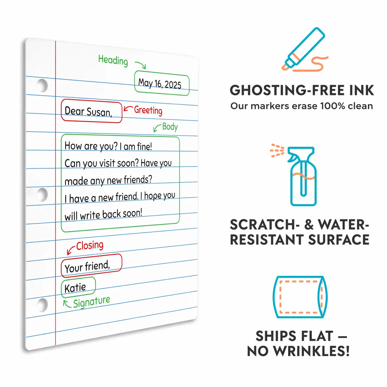 Unisex Kids' Dry Erase Board for 6–8 Years - Handwriting Practice Tool, Homeschooling Learning Aid, School Supplies, Friendly Letter Format Guide, Scratch & Water Resistant, for Teachers