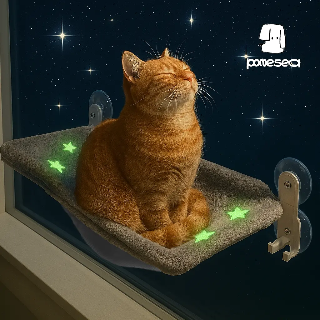 POMESEA Glowing Cat Window Bed,Cat Window Perch for Large Cats,Hammock with Hook Design,Glow in The Dark,Double-Sided Fabric Cover, Foldable Window Seat