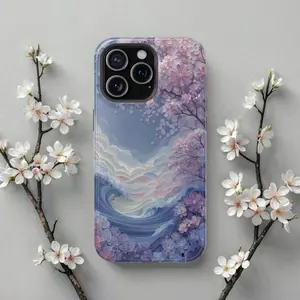 Cherry Blossom Ocean Wave Smartphone Case, Purple Pastel Cellphone Shell, Handheld Phone Accessories for iPhone 11, 12, 13, 14, 15, 16, 17 Pro, Max, Air, Plus