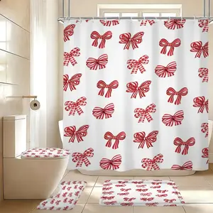 4pcs Bow Shower Curtain Set, Geometric Pattern, Elegant Style, Waterproof, Home Decor Gift, 12 Hooks, Modern Bathroom Accessories