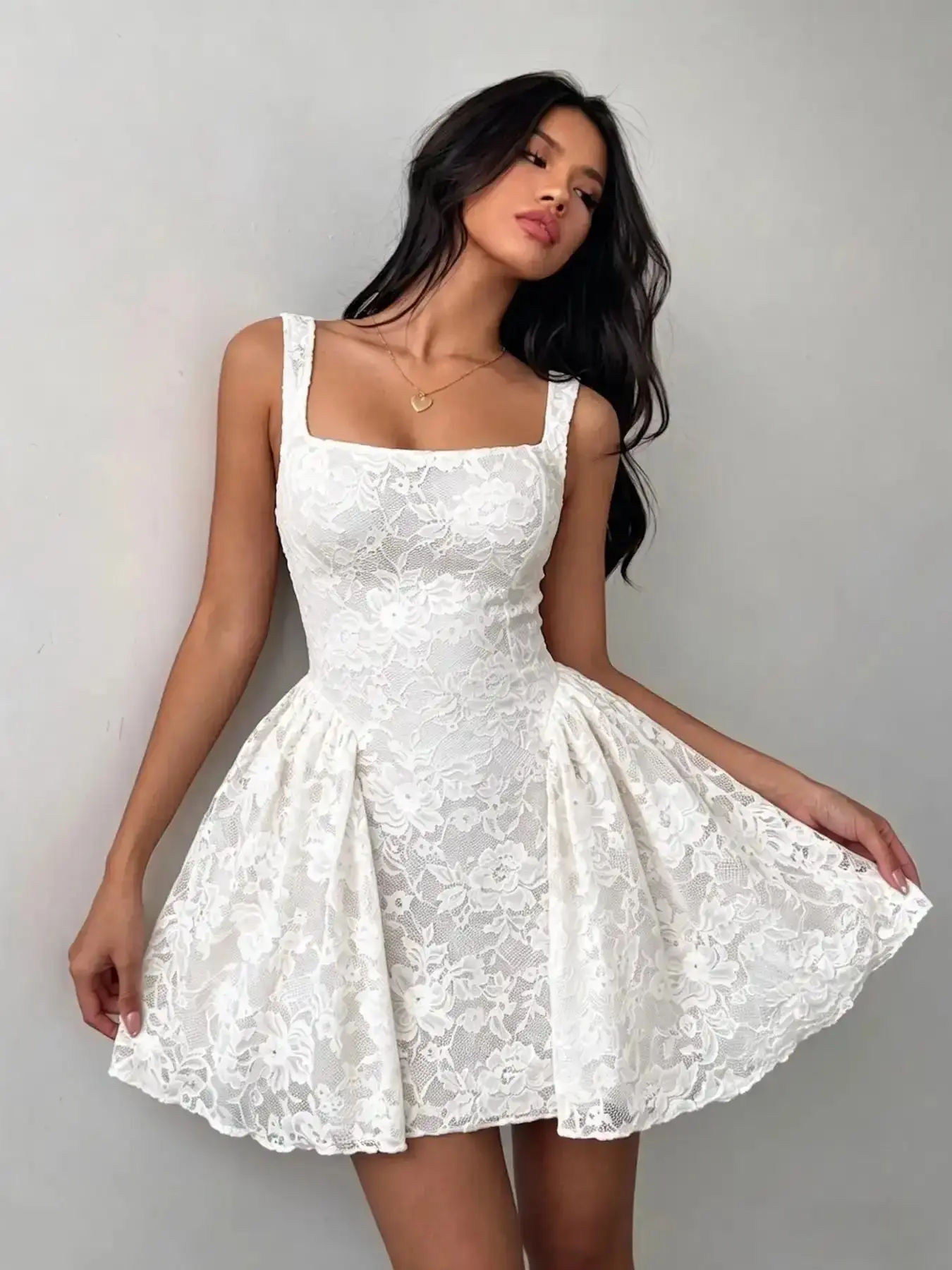 Lace Square Neck Waist Cinched Puffy Dress, Slimming Vest Dress for Birthday Party, All Seasons Fashion, Gentle Lady Style, Feminine