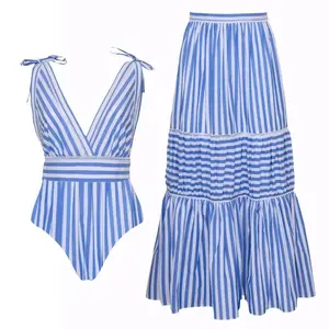 FLAXMAKER Women's V Neck Bowknot Blue Striped Print One Piece Swimsuit and Skirt Set Stylish Beachwear Swimdress Bathing Suit #TikTokShopBlackFriday