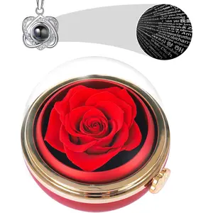 Rotating Preserved Real Rose Gift Box with You Necklace – Spherical Eternal Flower Gifts for Mom, Wife, Grandma, Girlfriend – Forever Love Gifts for Christmas, Valentine’s Day (Red)