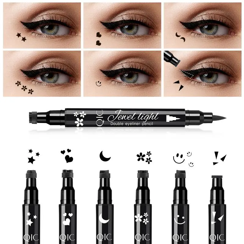 Dual-End Wing Eyeliner Stamp Pen - 02#Eyeliner + Heart Stamp, Precision & Graphic Eyeliner Tool, Ultra-Fine Liquid Liner, Waterproof, Smudge-Proof, Beginner-Friendly, Smooth, Youth-Focused for Makeup Lovers