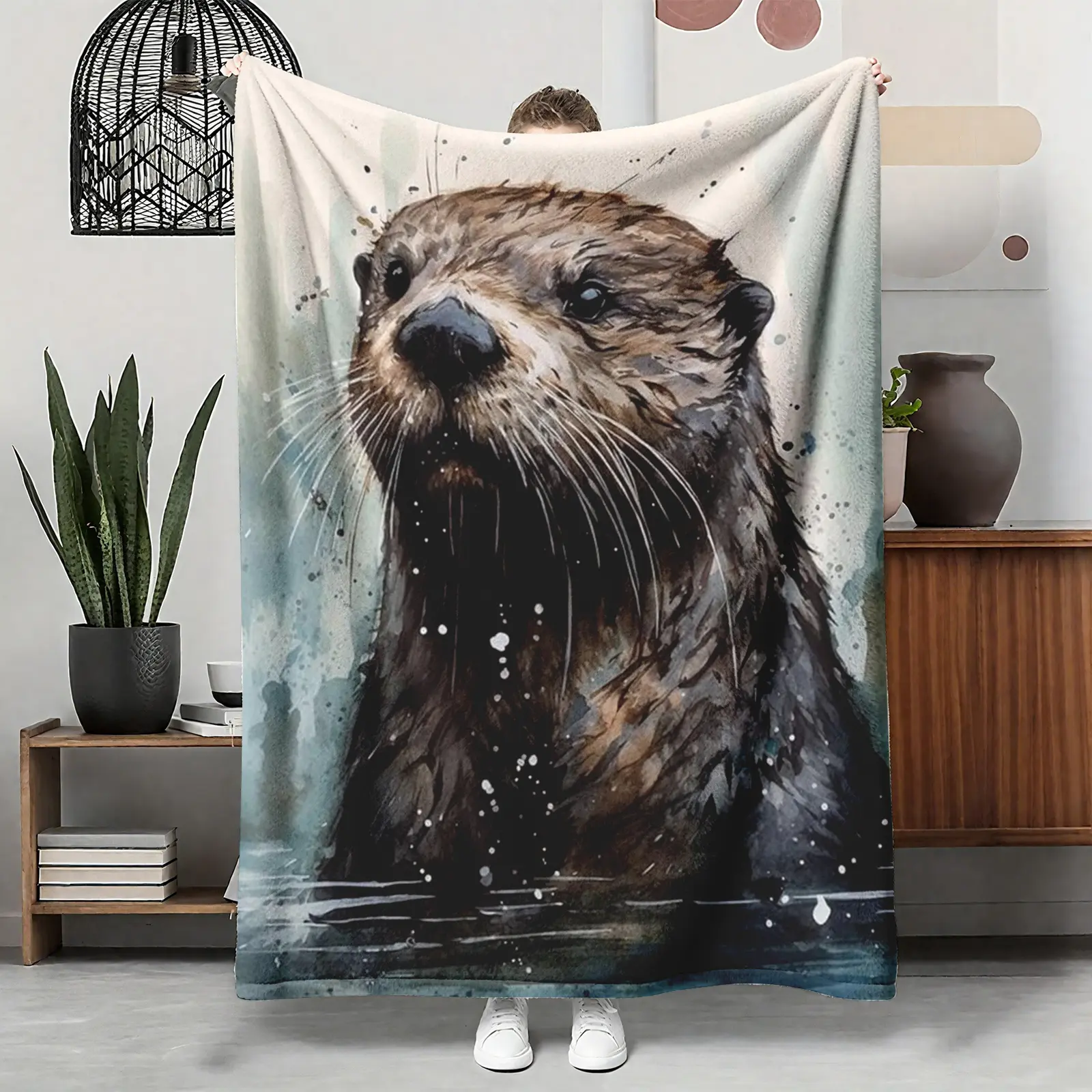 Cute Sea Otter Watercolor Flannel Blanket, Ocean Animal Art Soft Throw, Cozy Warm Gift for Her Him Otter Lovers, Coastal Nature Home Decor for Couch Sofa Bed, AC Room Summer Blanket, Birthday Christmas Gift, Splash Paint Throw