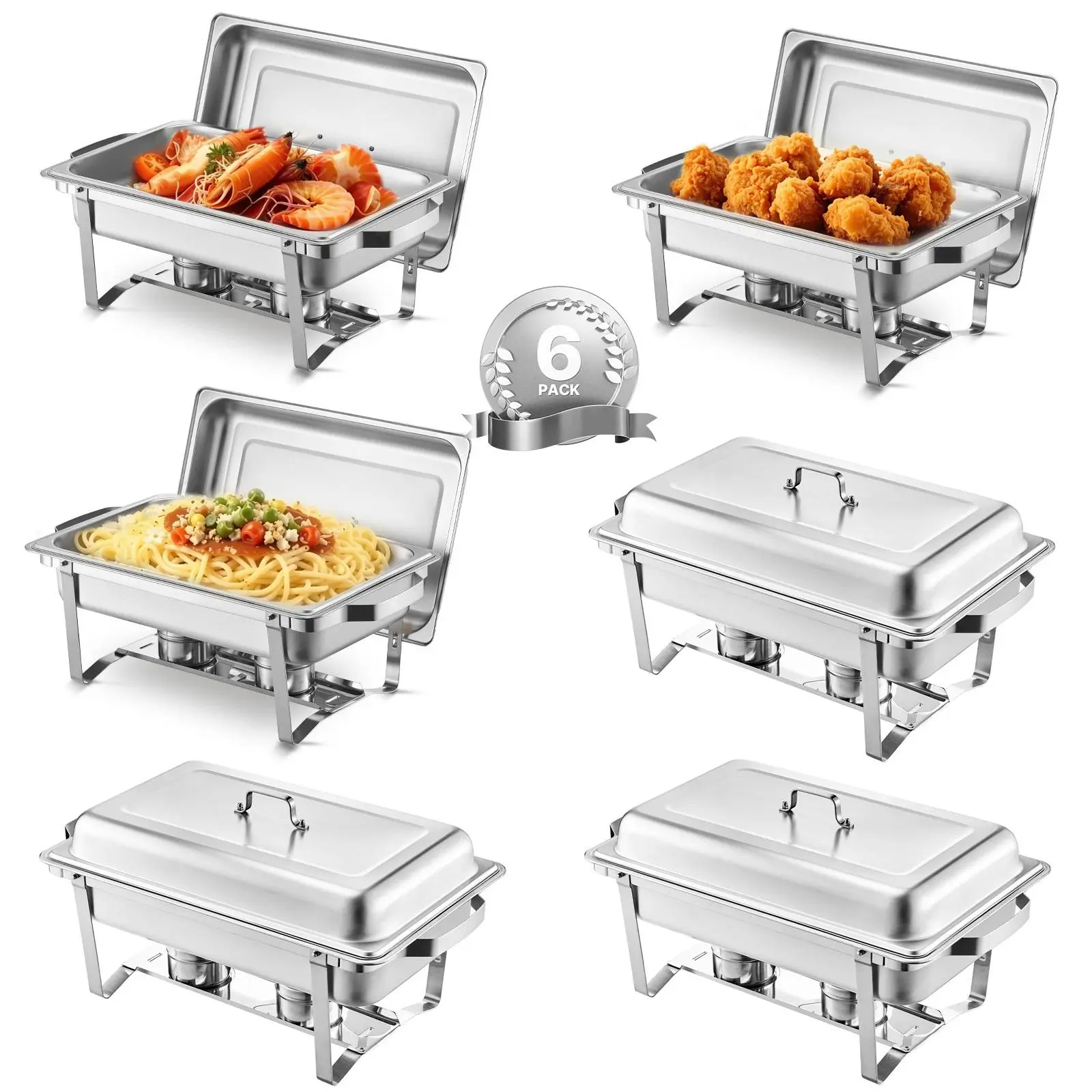 【SummerFinds】VEVOR Chafing Dish Buffet Set,  8 Qt 6 Pack, Stainless Steel Chafer with 6 Full Size Pans, Rectangle Catering Warmer Server with Lid Water Pan Stand Fuel Holder, for Weddings Parties Banquets, Silver
