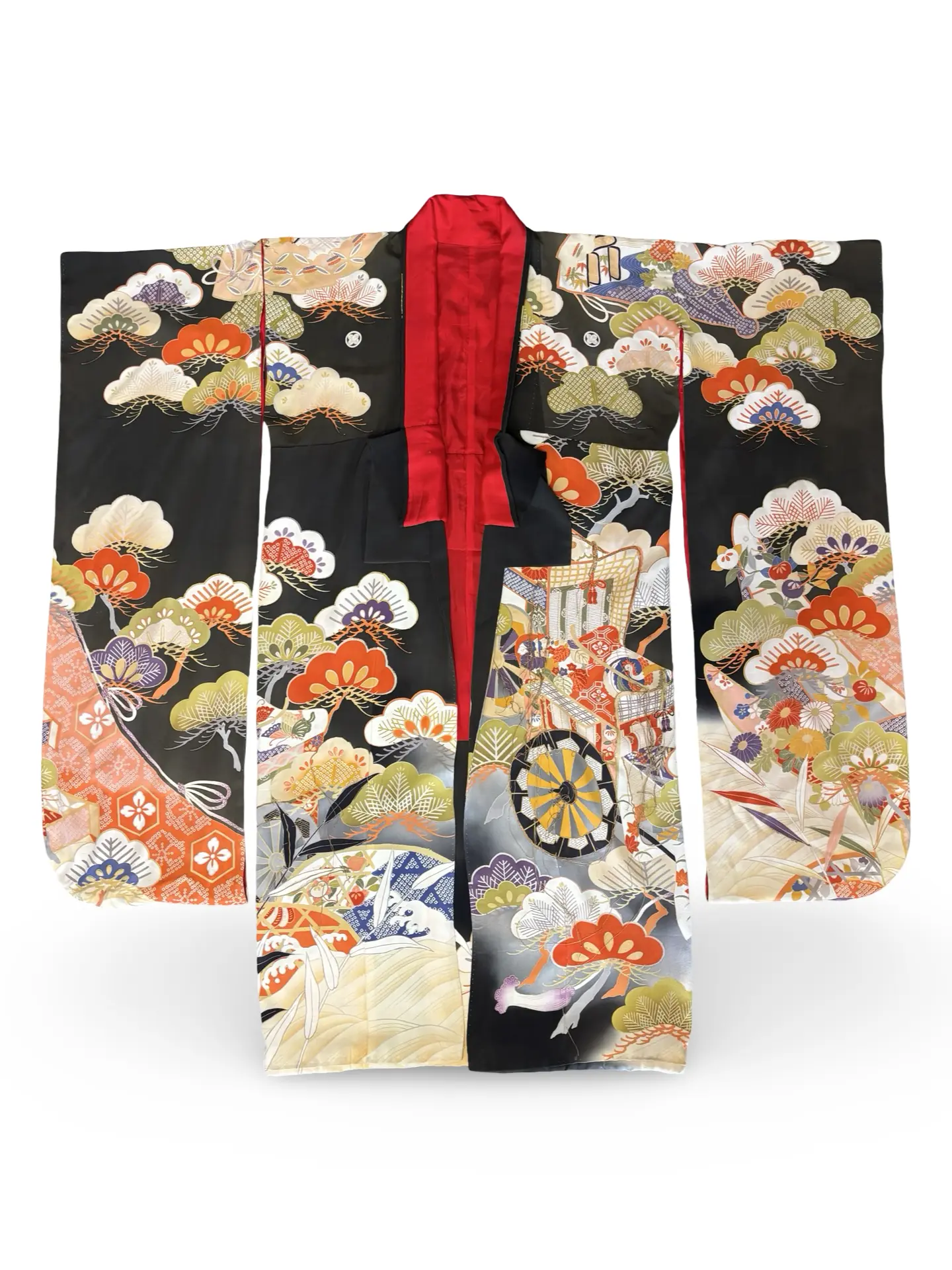 Antique Japanese Silk Uchikake (c. 1920s-1940s) – Ceremonial Formal Family Kimono w/ Mokko Crests, Pine & Fan Motif
