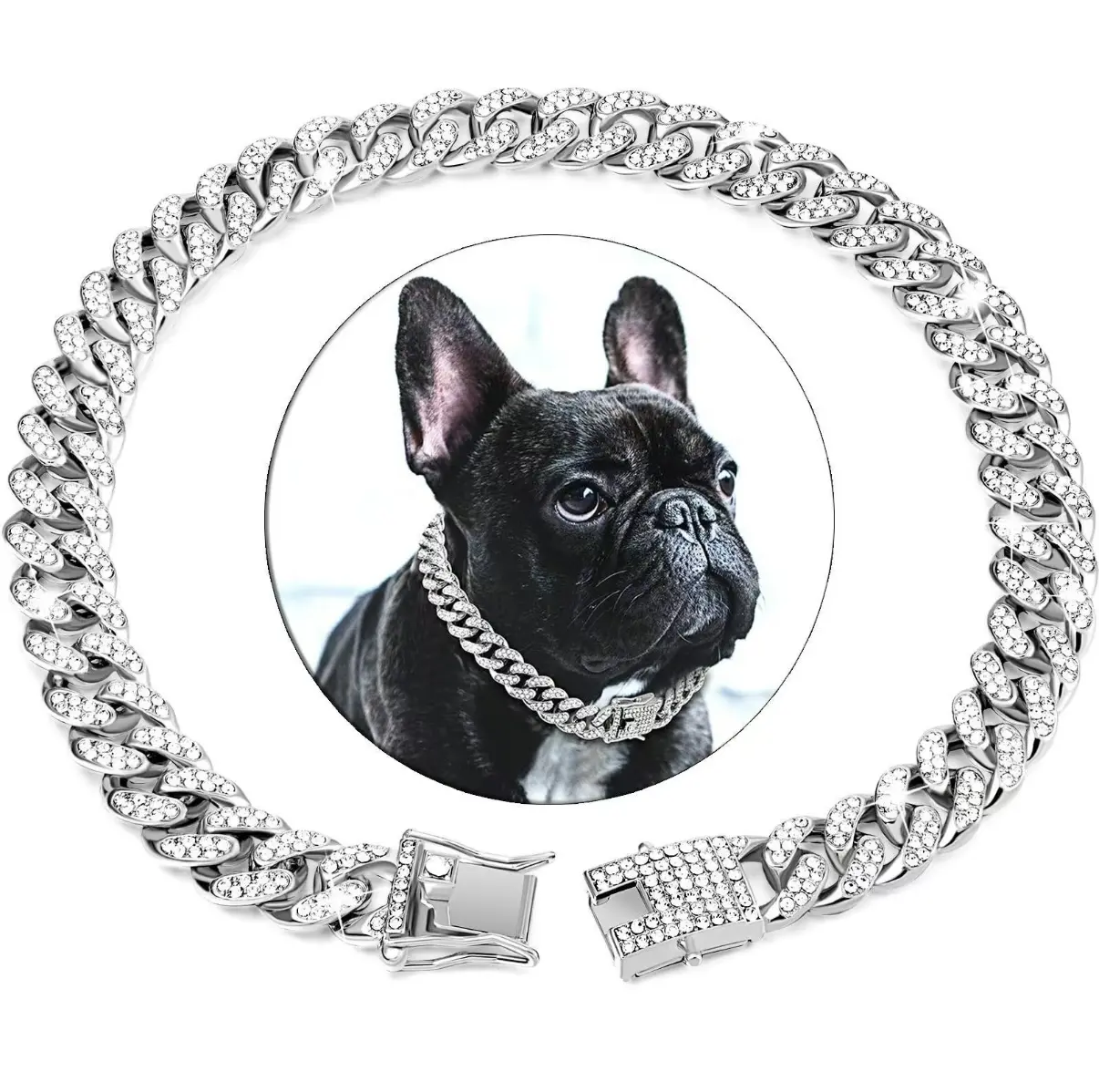 Summerwins Elegant Cuban Link Dog Chain Necklace - Zinc Alloy, Attractive Rhinestone Decor, Adjustable Pet Jewelry Accessory for Small to Large Dogs & Cats, Cool and Outstanding, Collars
