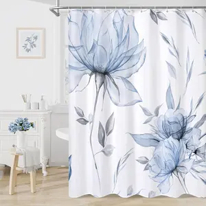 Shower Curtain 72x72 Blue and Grey Boho Watercolor Floral Ink Painting Style Bathroom Decor