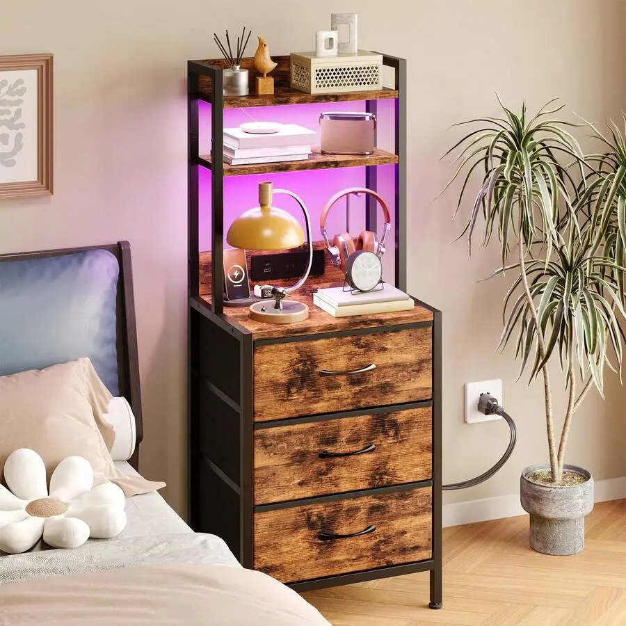 Black 41-in Tall Classic Triple Wide Nightstand with Charging Station - USB Port, Wall-Plug, 3 PU Fabric Storage Drawers, MDF Indoor Furniture, 2-in-1 Office/Bedside Table, Bedroom Single Unit for Adults, Socket