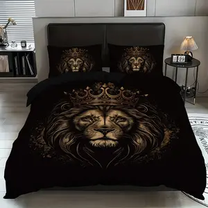3-piece quilt cover set (1 quilt cover +2 pillowcases, no core) domineering black lion crown print soft and comfortable bedding, suitable for hotel bedrooms, room lights, all rooms
