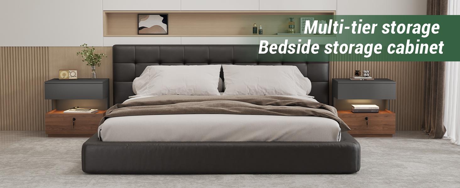 21.65" Floating Nightstand with Motion-Activated LED Light & Lockable Drawer, Modern Grey & Walnut Night Stand with Open Storage Shelf, Bedside Table with 2-Tier Drawer, Mid Century Bedroom Side Table