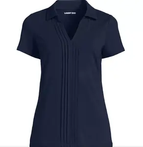 Women's Short Sleeve Lightweight Jersey Pintuck Open Collar Polo