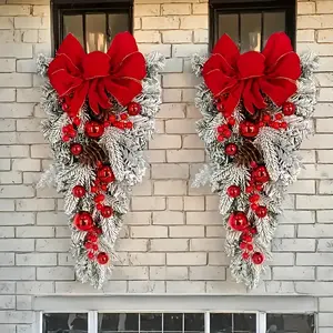 2PCS Nordic Christmas Wreath Garland Set with Red Bow & Green Foliage, 23.6" Elegant Door and Stair Hanging Decoration, Durable Plastic Indoor Outdoor Holiday Decor for Xmas Home, Parties & Weddings