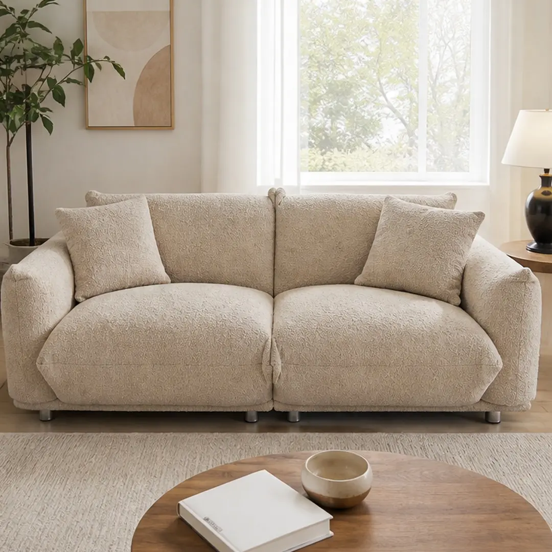 ARCH Oversized Sherpa Loveseat Sofa for Living Room, 2 Seater Couch with Metal Legs, Solid Wood Frame, Camel Fabric Upholstered, 2 Pillows Included, for Apartment Office Bedroom, Camel Color Options, Fabric Material, 2 Seat Seat Count