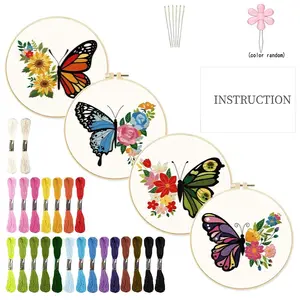 4pcs Flower & Butterfly Pattern Hand Embroidery Kit, Including Embroidery Cloth, Embroidery Hoop, Thread and Needle, Diy Cross Stitch Embroidery Design Set for Beginner [Package List As Picture Shown]
