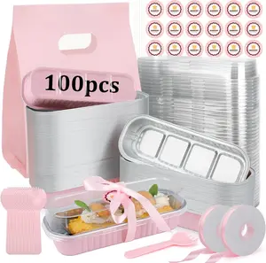 100 Pack Mini Loaf Pans With Lids，Mini Cake Pans With Lids and Spoons，6.8oz Bread Loaf Pans Disposable，Small Aluminum Cake Tins,Baking Pans Individual