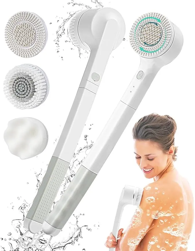 Augot Electric Body Brush, Rechargeable Electric Body Scrubber 17in Bath Brush Long Handle for Shower, Soft Silicone Spin Skin Brush with 3 Brush Heads, IPX7 Waterproof Back Brush for Man and Women
