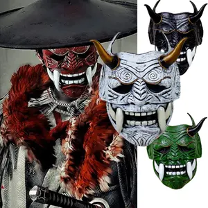 Horrible Prajna Mask Cosplay Ferocious Hannya Red Face Fangs Half Face Realistic Mask Latex Head Helmet Halloween Ghost House Party Costume Props