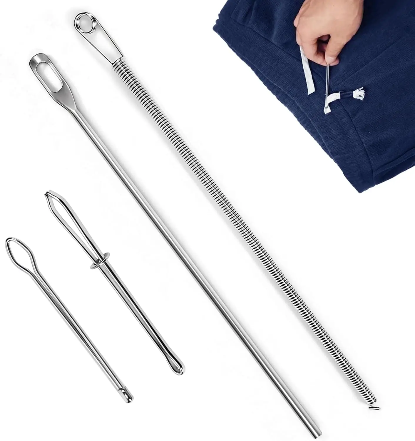 4-Piece Drawstring Threader Tool Kit – Stainless Steel Threading Tools with Tweezers & Safety Pins for Hoodies, Pants & Shoes
