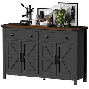55" Sideboard Buffet Cabinet with Storage, Coffee Bar Cabinet with 2 Drawers and 4 Barn Doors, Long Storage Cabinet Modern Farmhouse, Black Wood, for Kitchen, Dining Room, Living Room