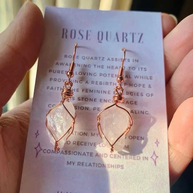 Raw Rose Quartz Drop Earrings, Natural Crystal Earrings, Dangle Crystal Earrings, rose quartz earrings, rose quartz jewelry, dangly earrings