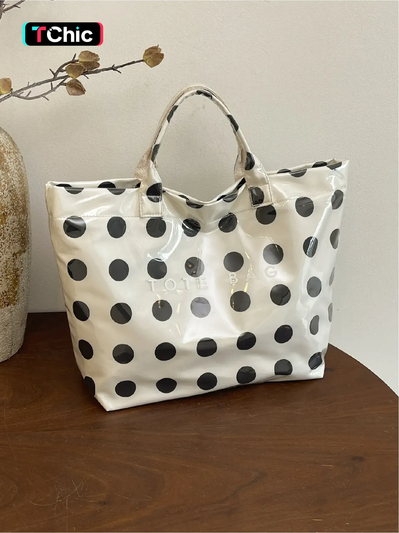 Large capacity PVC tote bag, Multifunctional Daily Commuter Tote, waterproof, with 'TOTE BAG' letter print, can be carried by hand or shoulder, for commuting, school, shopping