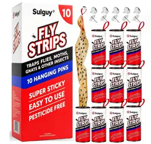 Sulguy Fly Strips Indoor Sticky Hanging 10pk with Pins. Non Toxic Outdoor Fly Trap Indoor for Home. Flies Tape Paper Trap Ribbon Roll for House Gnat Fruit and Housefly. Bug Catchers for Inside Home Flypaper