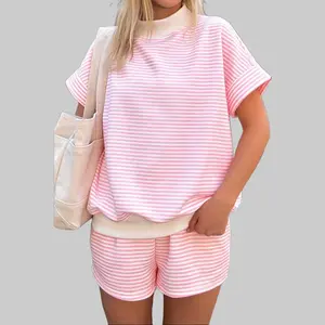 Lady's 2-Piece Pink Stripe Cuffed Sleeve Contrast Mock Neck Top Set, 95%Cotton 5%Elastane Stretchy Knit Fabric, Casual Comfortable Loungewear Neck Top Shortsleeve Women's Clothing, 2 Piece Sets Women, Women's 2 Piece Set