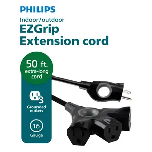 Philips Outdoor Extension Cord, 3 Outlet, 16 Gauge, 13 Amps, 50ft, 25ft Black