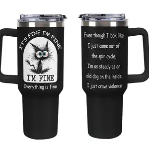 It's Fine I'm Fine" Grumpy Cat 40oz Insulated Tumbler with Handle and Straw, The "I just crave violence" Chaos Cat Tumbler, Sarcastic Humor Travel Mug, Funny Anxiety Cat Coffee Cup
