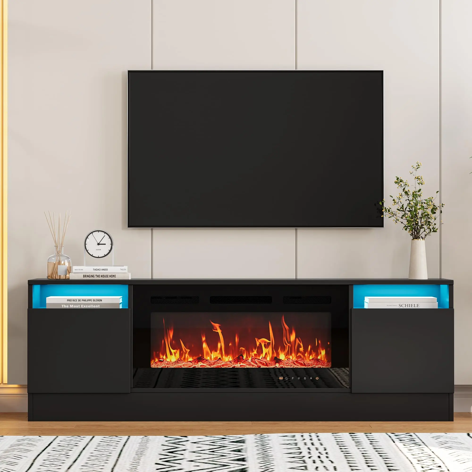 Modern TV Stand for Up to 75" TVs,70" Gray Console Table with Storage, Wooden Entertainment Center for Living Room,Fits 36" Electric Fireplace,Black