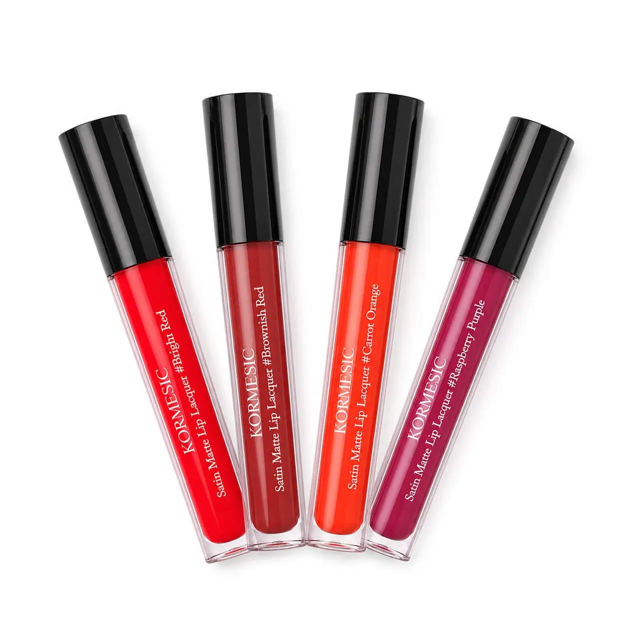 Women's Satin Matte Liquid Lipstick Cosmetic Set - 4 Vibrant Multiple Shades (Bright Red, Brownish Red, Carrot Orange, Raspberry Purple), Compact 2.2g Each, Smooth Lightweight Lip Lacquer, Easy Apply, Daily Wear Velvety Finish for Makeup, Smooth On