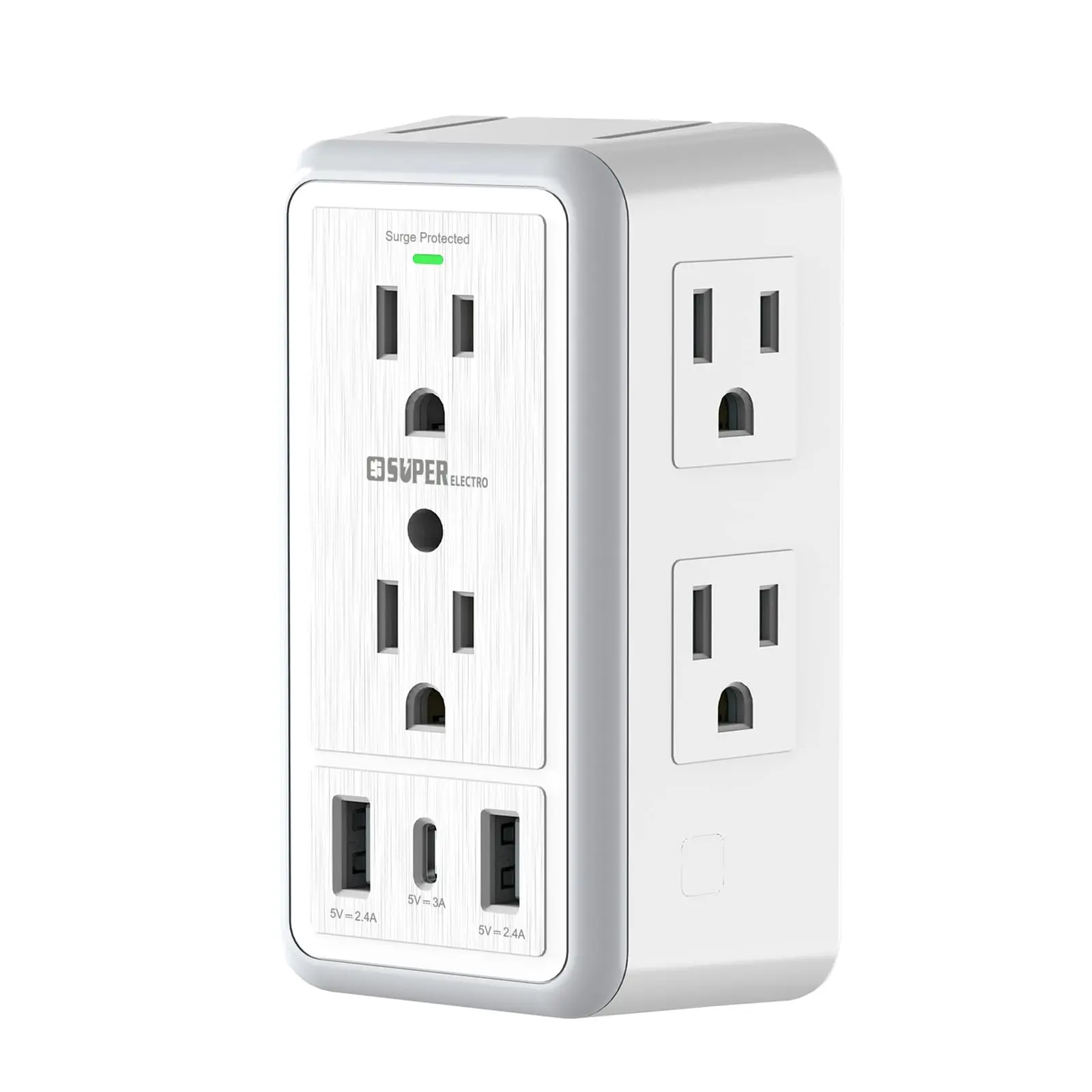 Smart 3-Sided Surge Protector Wall Socket Charger - 6 Outlets, 3 USB Ports (5V 3.4A Total), 1500J Surge Rating, Night Light, ETL Listed for Home, Office, Universal Socket, Usb Wall Charger, Protected Led, Wall Mounted
