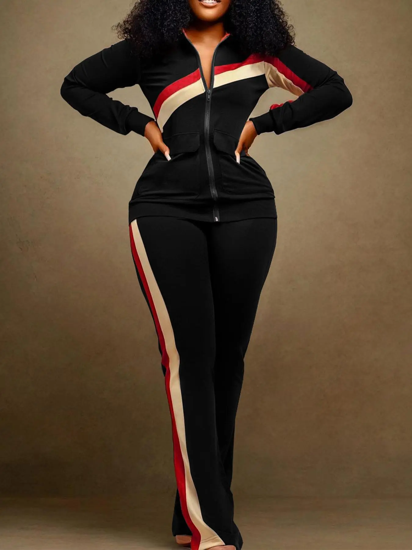 Women's Colorblock Striped Patchwork Print Zip Up Zipper Pocket Jacket & Pants Two-piece Set, Fitted Casual Long Sleeve Collared Outerwear & Trousers for Fall & Winter, Ladies Clothes for Daily Wear, Top, Womenswear, Activewear, Fall Matching Sets