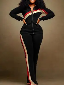 Women's Colorblock Striped Print Zip Up Pocket Jacket & Pants Two-piece Set, Casual Long Sleeve Collared Outerwear & Trousers for Fall & Winter, Ladies Clothes for Daily Wear