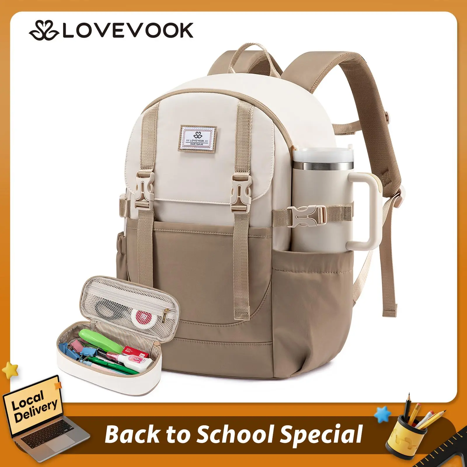 LOVEVOOK School Backpack for Teen Girls, Waterproof Travel College Bookbag for Middle High School with Large Cup Holder, Fits 15.6'' Laptop, Cute Aesthetic kids Student Backpack