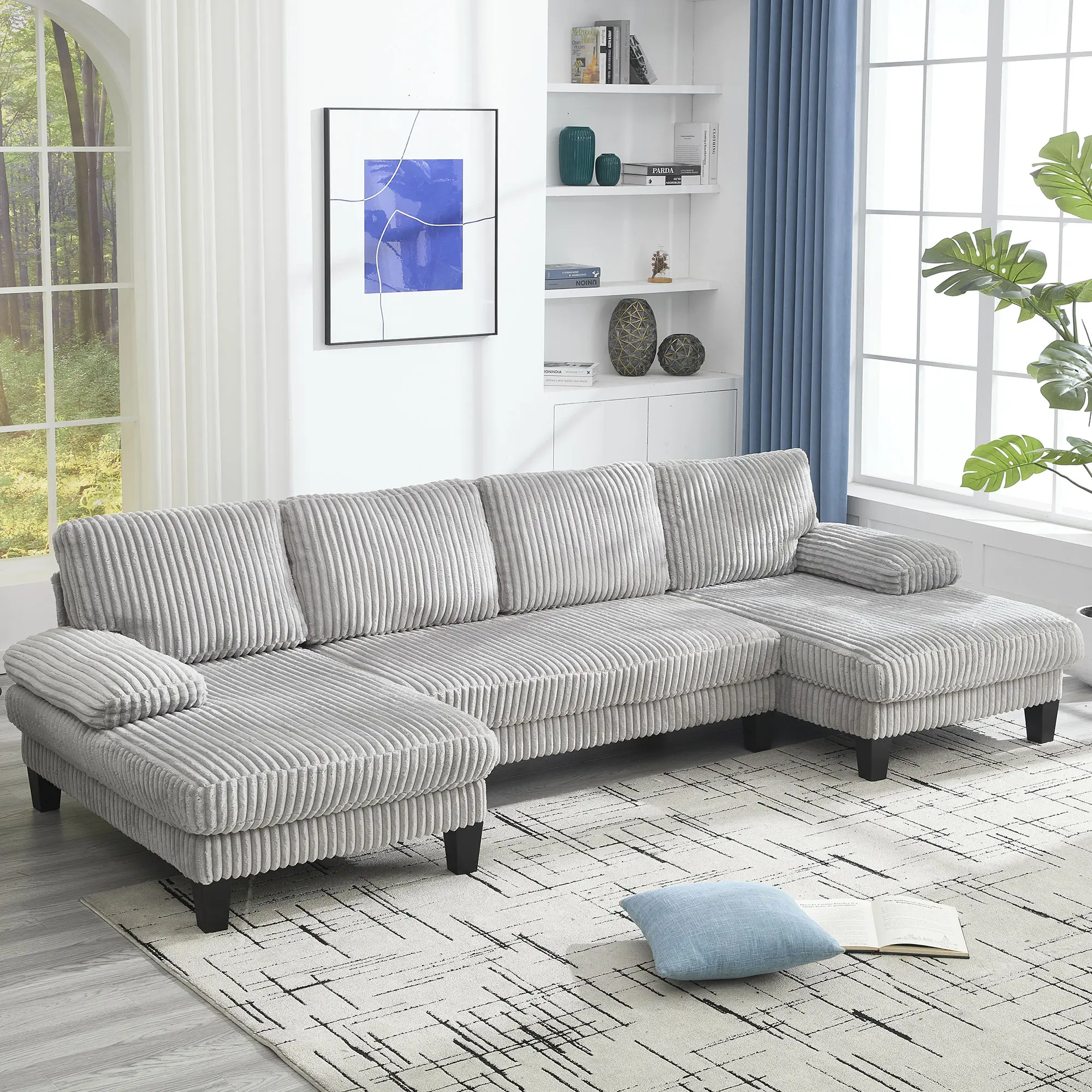 4-Seat U-Shaped Modular Sectional Sofa with Oversized Velvet Seat, Double Chaise, Deep Seating, Convenient Armrest Pockets, Sturdy Frame, Tool-Free Assembly, Traditional Home Decor Indoor Furniture for Living Room