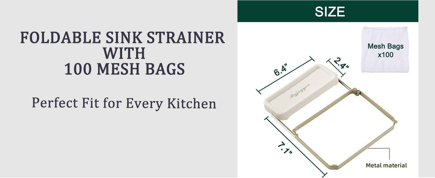 White Foldable Kitchen Sink Filter Basket, Rotatable Drain Strainer with 100 Disposable Mesh Bags, Food Catcher Gadget