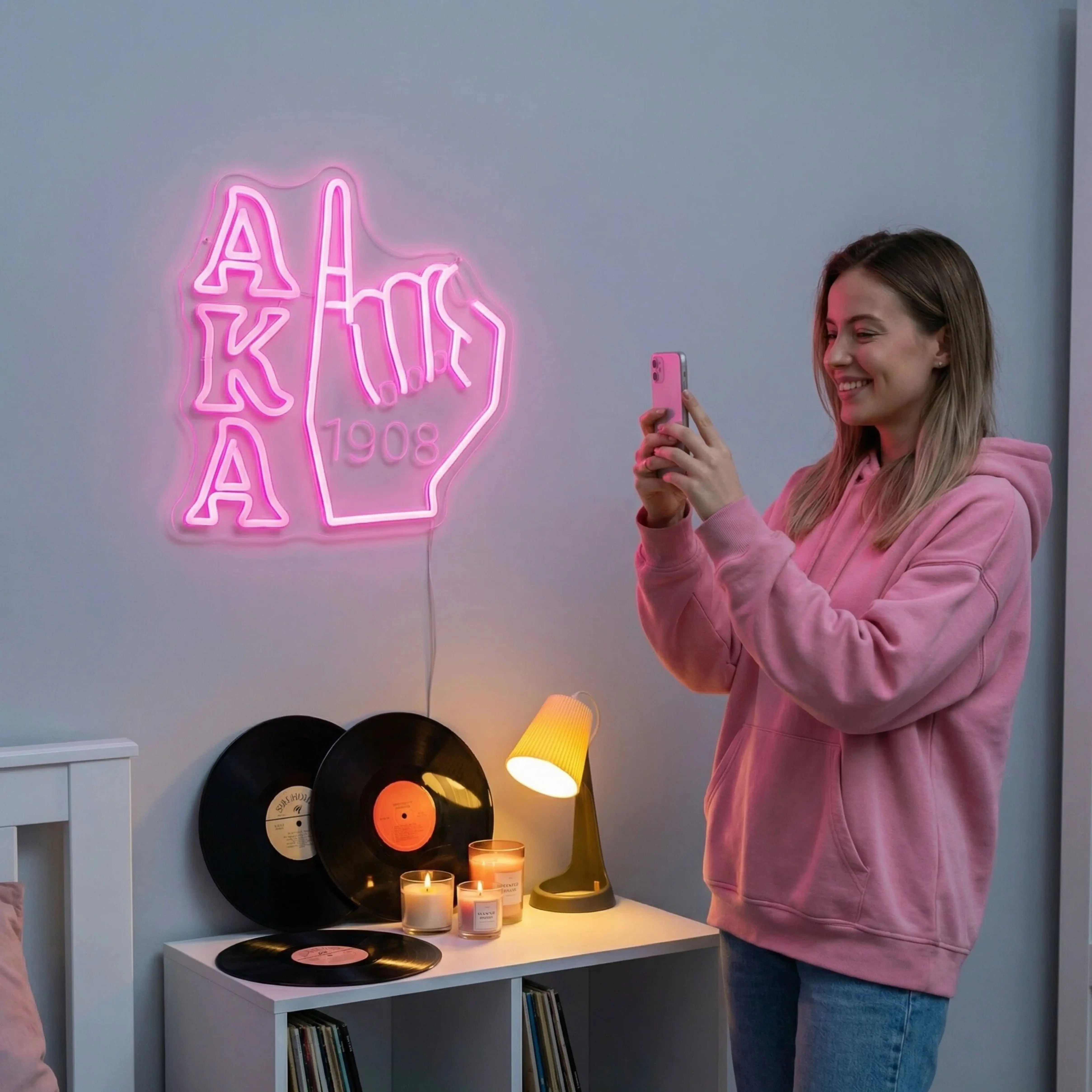 AKA 1908 Gesture Symbol Vibrant Pink LED Neon Light - Dimmable USB/DC-Powered Indoor Mood Lighting, DC Power Supply, LED Glow Board, Non-Smart Device, Sorority Gift, Bedroom Wall Art Decor