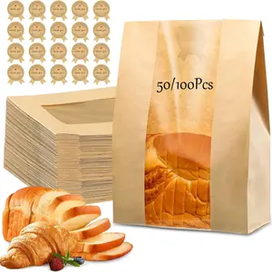50/100 Pack Sourdough Bread Paper Bags, 13.7x8.2x3.7 Inches, Transparent Window, Handmade Stickers, Ideal for Homemade Breads, Cookies, Snacks