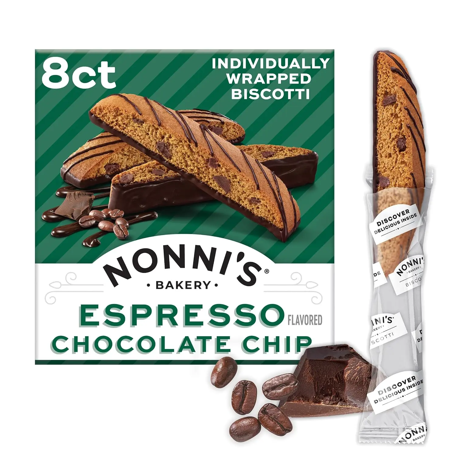 Nonni's Mocha Espresso Biscotti, Gourmet Cookies Individually Wrapped, 8ct