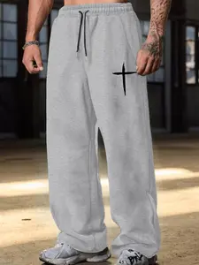 Men's Cross Graphic Baggy Sweatpants, Gothic Streetwear Wide Leg Joggers, Casual Drawstring Trousers with Pockets, Athleisure Style Bottoms #GothicStreetwear #CrossPants #WideLegJoggers #MensStreetwear #TikTokMadeMeBuyIt