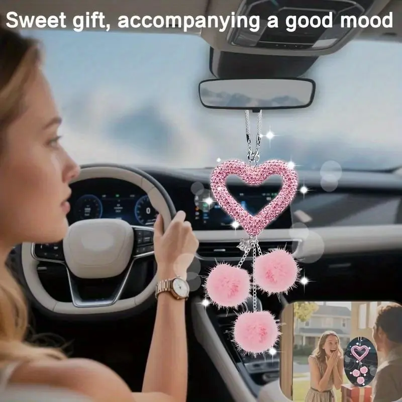 2026 New Fashion Diamond Love Car Accessorie Bling Hairball Pendant Auto Rearview Mirror Pendant Birthday Gift Auto Decoraction Ornaments