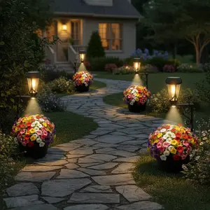 JNOEC 7.9 Inch Solar Lights Planter Dual-Sided 3000K Warm White Lighting, 2 in1 (Wall/Stand) Flower Pots, Auto on/Off IP65 Solar Post Light with Planter Waterproof for Yard, Patio, Porch, Pathway Decor