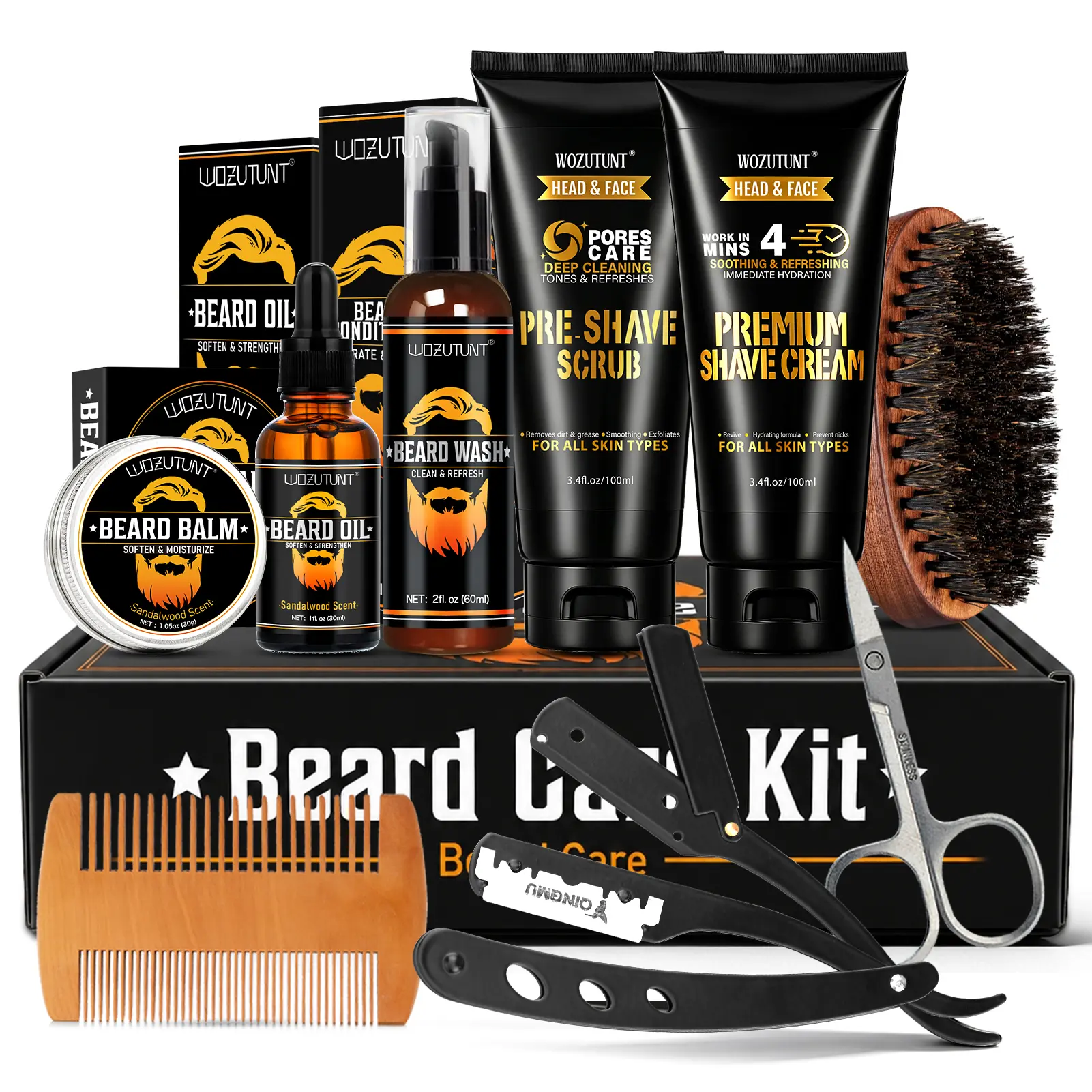 Goiple Men's Hydrating Soft Unscented Beard Care Kit Set, Straight-Edge Razor, Sandalwood Balm, Oil, Wash, Pre-Shave Scrub, Shave Cream, Brush & Comb, Home Grooming Gift for Dad, Husband