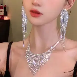 Galaxy Sparkling Tassel Necklace Rhinestone Jewelry Set Ladies Necklace Earrings Wedding Girls Gifts engagement party accessory mother in law mother's day gift