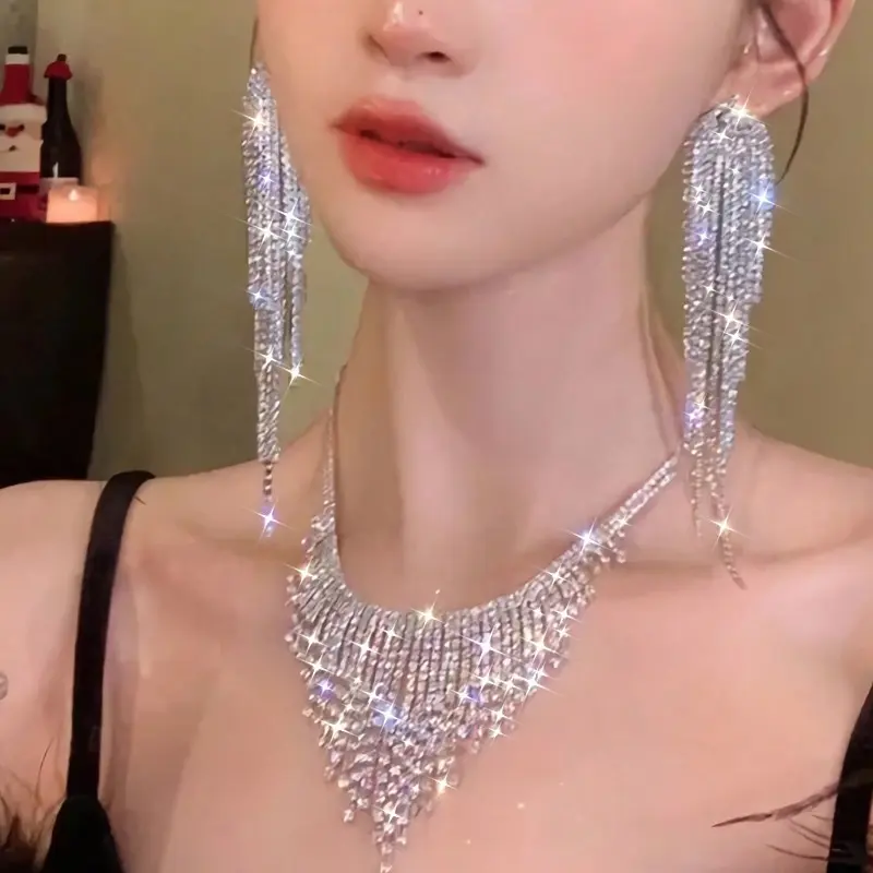 Galaxy Sparkling Tassel Rhinestone Jewelry Set (Necklace & Earrings) - Perfect Gifts for Women on Wedding, Engagement Party, Mother's Day - Ideal for Mom and Mother-in-Law